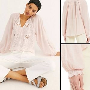 Free People Sivan Embroidered Lace Balloon Sleeve‎ Top Size Small